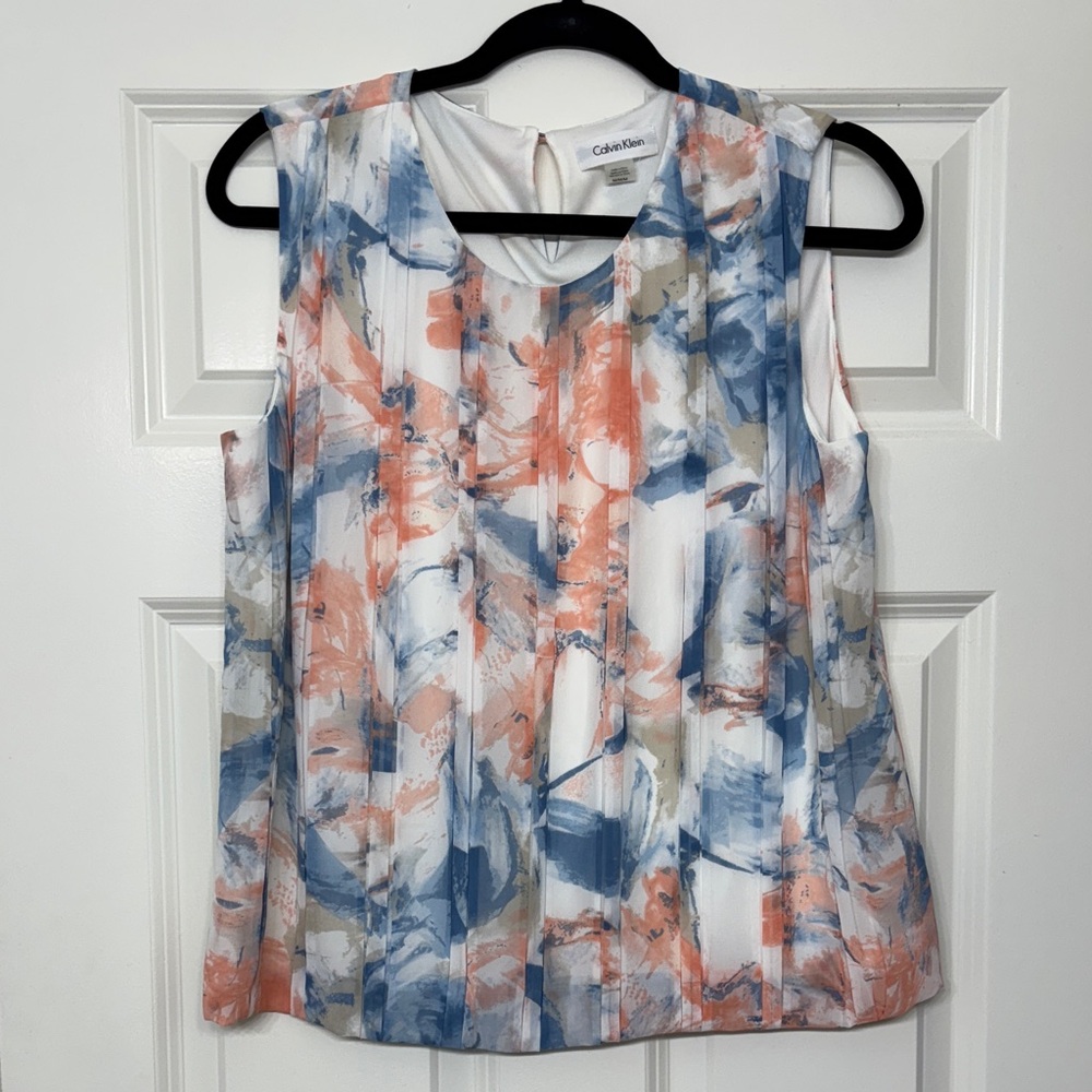 NWOT Calvin Klein Women's Sleeveless Abstract Top - Blue, Orange, and White